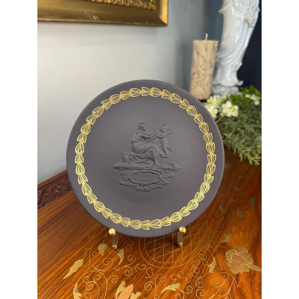 Vintage Wedgwood Mother Plate • Black Basalt Jasperware Gold Relief